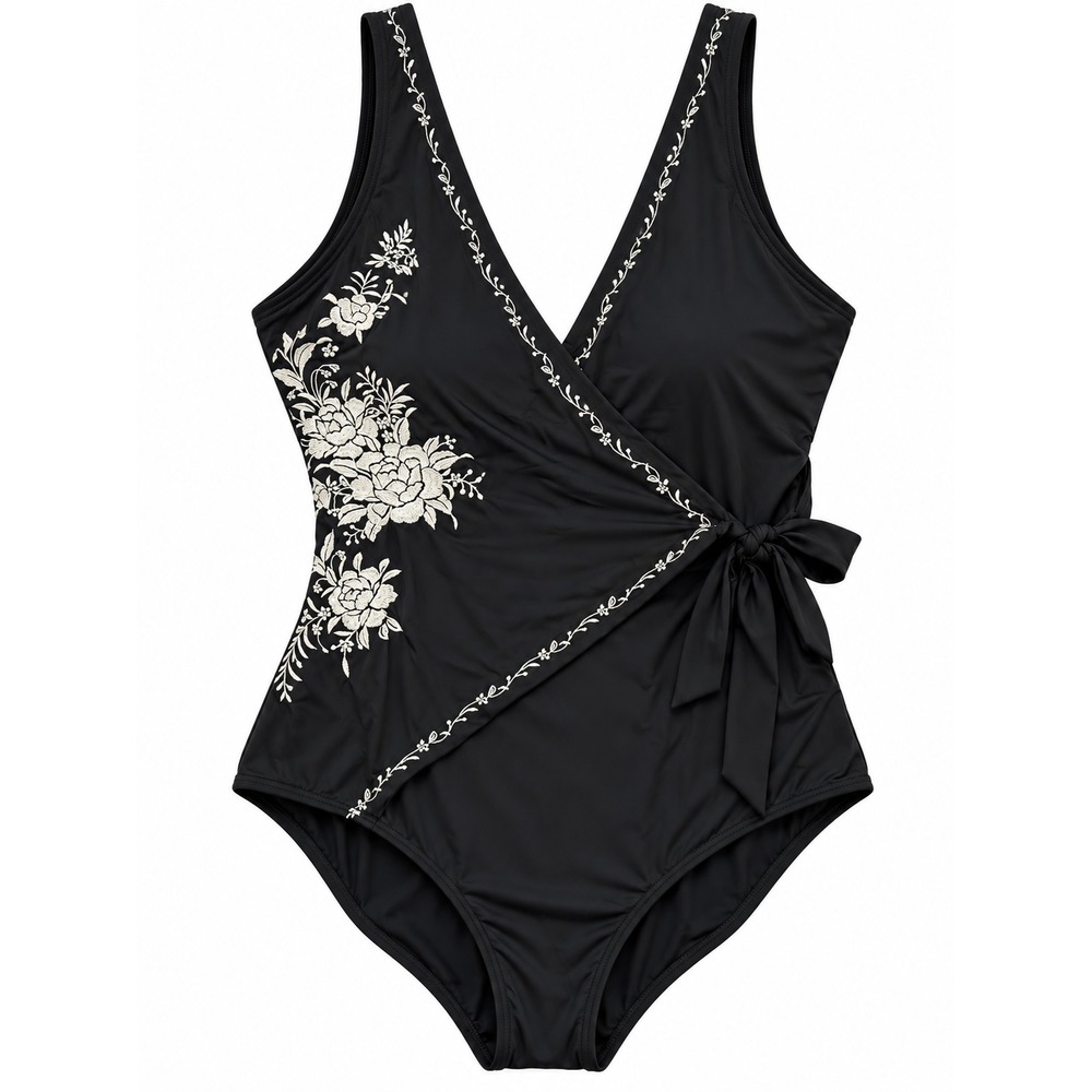 Sundance South Pacific Embroidered Tie Wrap Swimsuit XL One-piece Black White
